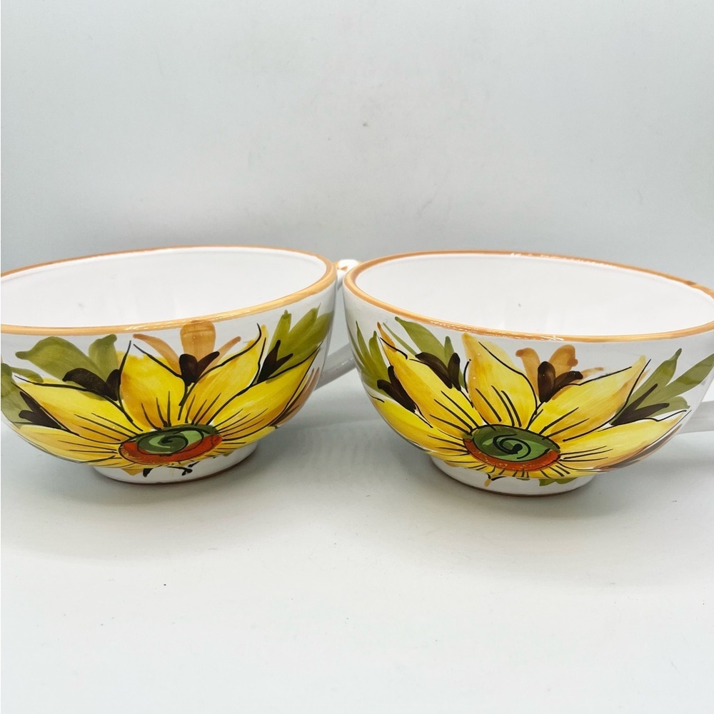 Vintage Italian Hand Painted Set of 2 Soup Mugs Sunflowers EUC 3”T 5.5” Diameter